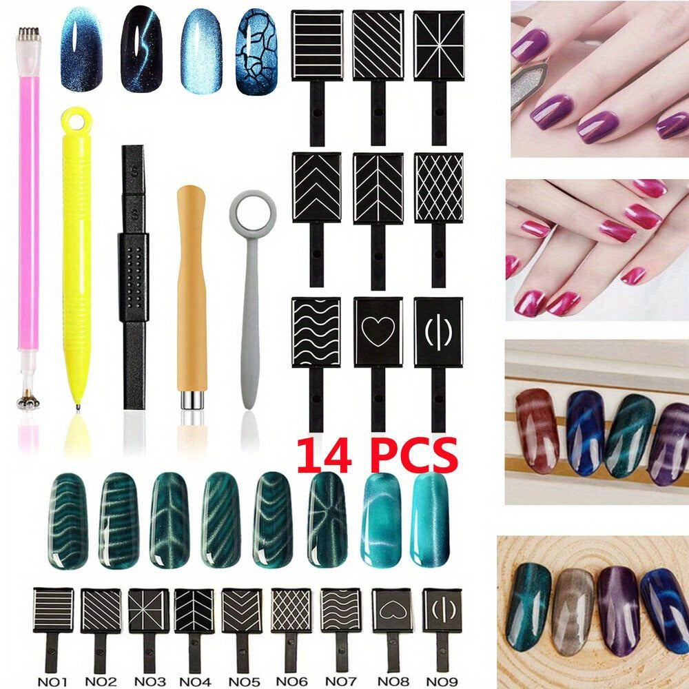 Cat Eye Gel Polish Kit 14Pcs Magnetic UV Nail Polish Set with Magnet Pen – 3D Shimmer Cat Eye Nail Art for Salon & DIY Manicure, Beginner to Pro, Long-Lasting LED Curable