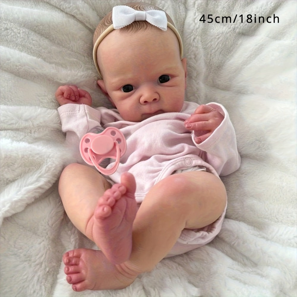 Reborn Baby Doll 18 Inch Full Vinyl Body Bath-Safe with 3D Painted Skin Visible Veins Hand-Drawn Hair – ASTM Certified Lifelike Newborn Girl Gift Includes Outfit Pacifier & Birth Certificate Ages 3+ 45cm