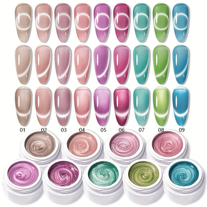Cat Eye Gel Polish Set 9 Colors MORDDA Glass Bead with Magnet — Sparkling Multi-Color Shifting UV LED Alcohol-Free Magnetic Nail Gel in White Jars for Salon & DIY Nail Art Gift for Women
