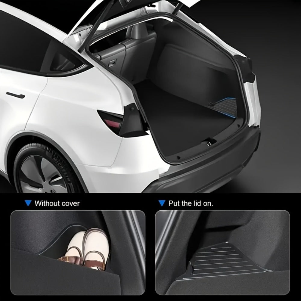 Tesla Model Y Juniper 2025 Trunk Side Storage Box with Lid – Left & Right TPE Cargo Organizer, Scratch-Resistant, Heavy-Duty Trunk Accessories, Black