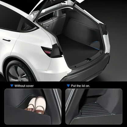 Tesla Model Y Juniper 2025 Trunk Side Storage Box with Lid – Left & Right TPE Cargo Organizer, Scratch-Resistant, Heavy-Duty Trunk Accessories, Black