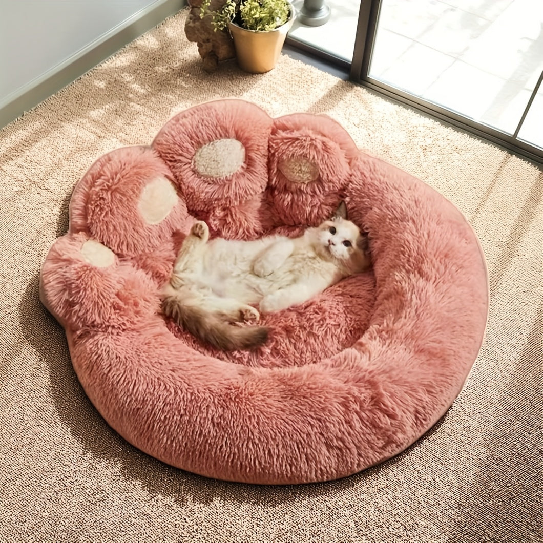Dog Bed & Cat Bed Plush Bear Paw Print – Soft Warm Pet Bed for Small Medium Large Dogs, Thickened Long Plush, No Assembly, Autumn Winter Pet Sleeping Bed in Coffee Pink Gray