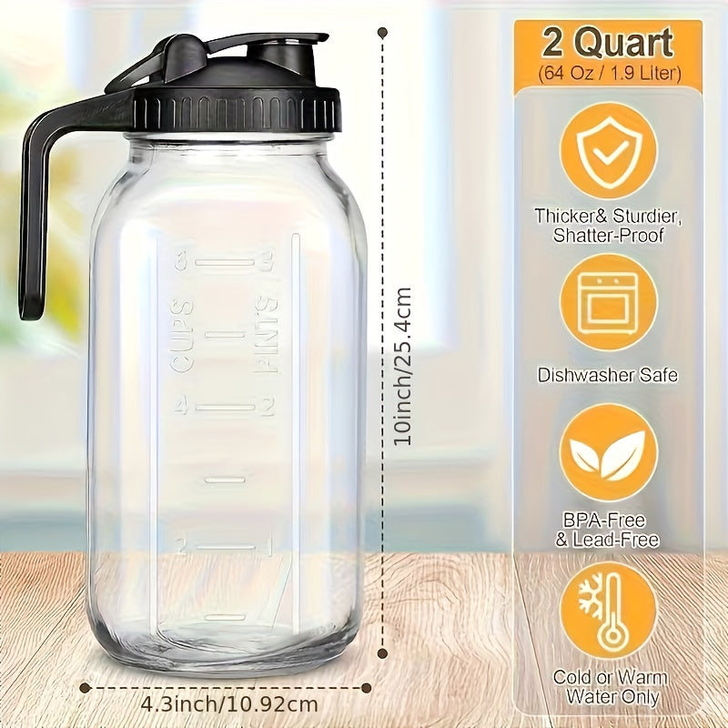 64oz Glass Pitcher with Handle – Leak-Proof Wide Mouth Mason Jar Water Jug, Pour Spout Lid, 2 Quart Portable Canteen for Camping, BBQ, Fridge & Outdoor Entertaining (2-Pack / 3-Pack)