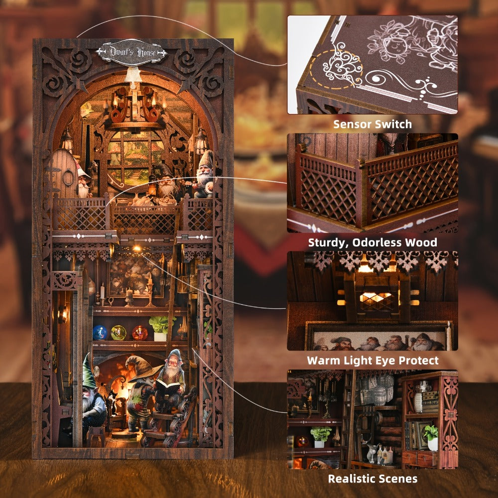 Book Nook Kit Dwarf's House DIY Miniature Bookshelf Insert – Dark Wood 3D Wooden Puzzle Decor for Adults, Unique Birthday 4th of July Christmas Gift for Women & Book Lovers (KT01)