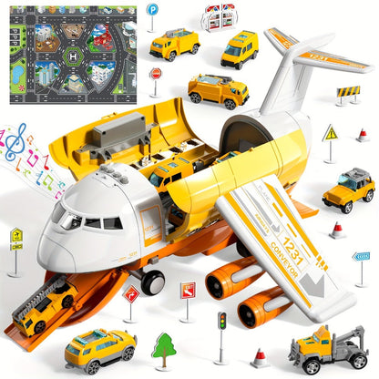 Jumbo Transport Airplane Toy for Kids with 10 Cars & Spray Mist, Cargo Plane Playset Toddler Boy Girl Birthday Gift Ages 3+