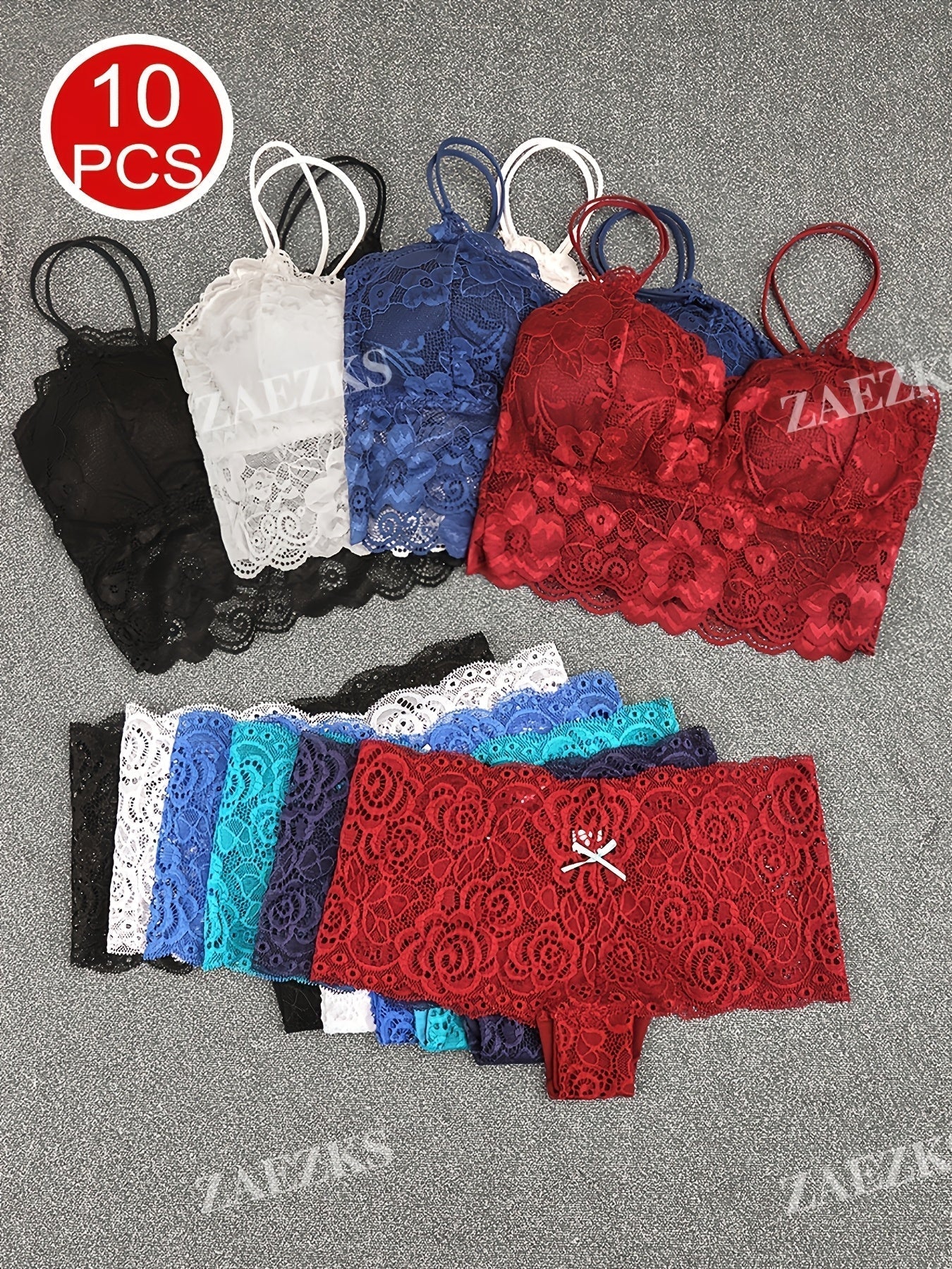 10-Pack Women's Bra and Panty Lingerie Set - Floral Lace Coordinated Style