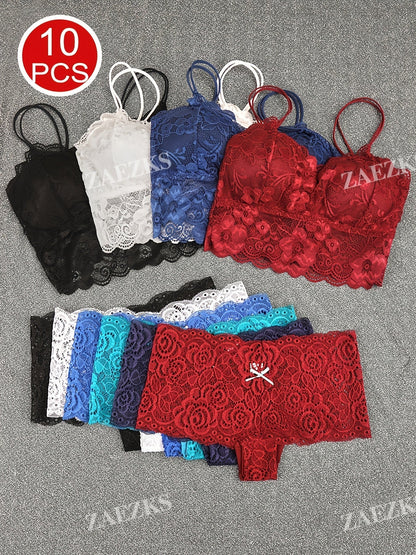 10-Pack Women's Bra and Panty Lingerie Set - Floral Lace Coordinated Style
