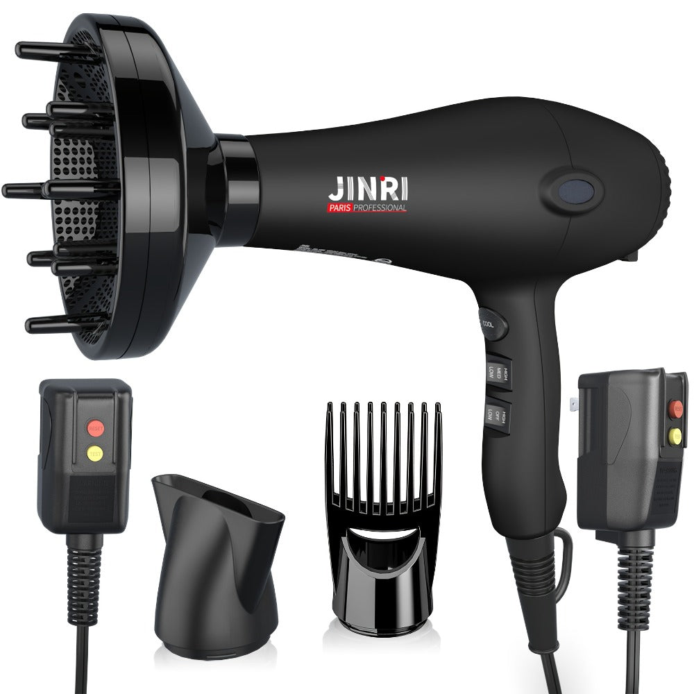 1875W Professional Hair Dryer with Diffuser & Concentrator — Ionic Technology, Salon-Quality Blowout for Curly Hair, Adjustable Cord, US Plug, Black
