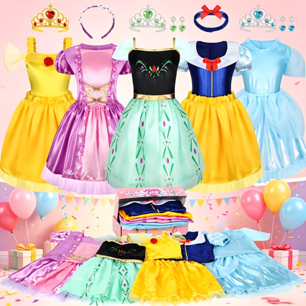 Girls Princess Dress Up Costume Set 14pcs – 5 Role Play Outfits with Crowns, Earrings & Storage Box, Toddler Princess Costumes for Girls Ages 3-6, Birthday Gift