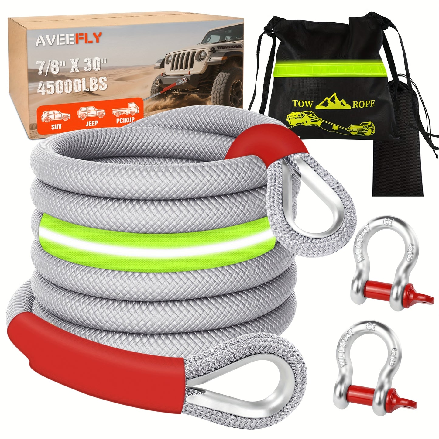 Heavy Duty Recovery Tow Rope, 45000/13000 LBS Break Strength, 30'/16.4'(L), Emergency Tow Rope for Truck Jeep ATV & More, Towing Strap with 2pcs D Ring Shackles, Reflective Safety Flag, Storage Bag