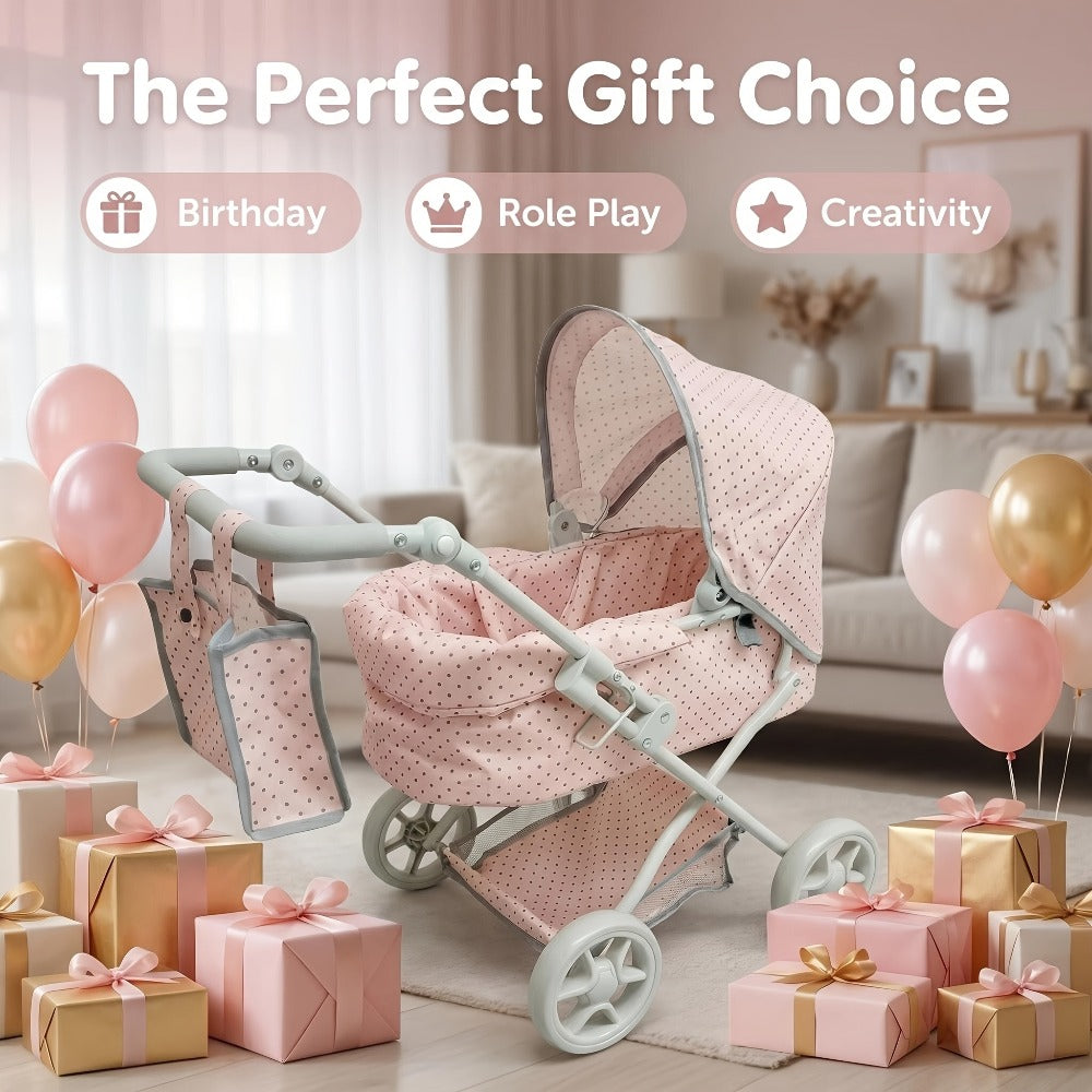 3-in-1 Baby Doll Stroller Set Pink Foldable Pram with Bassinet & Carry Bag for 14-24 Inch Dolls Swivel Wheels Adjustable Handle Nursery Role Play Gift for Girls Ages 3-12 (No Doll)