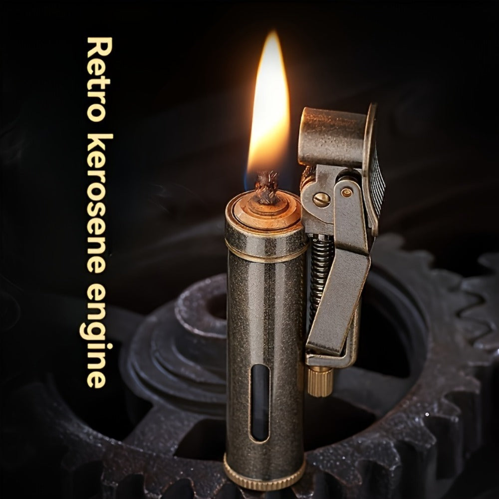 Retro Copper Kerosene Lighter – Pure Copper Vintage Flip Top One-Click Ignition Lighter, Nostalgic Personality Design, Windproof Refillable Kerosene Lighter, Unique Gift for Men Friends (Kerosene Not Included)