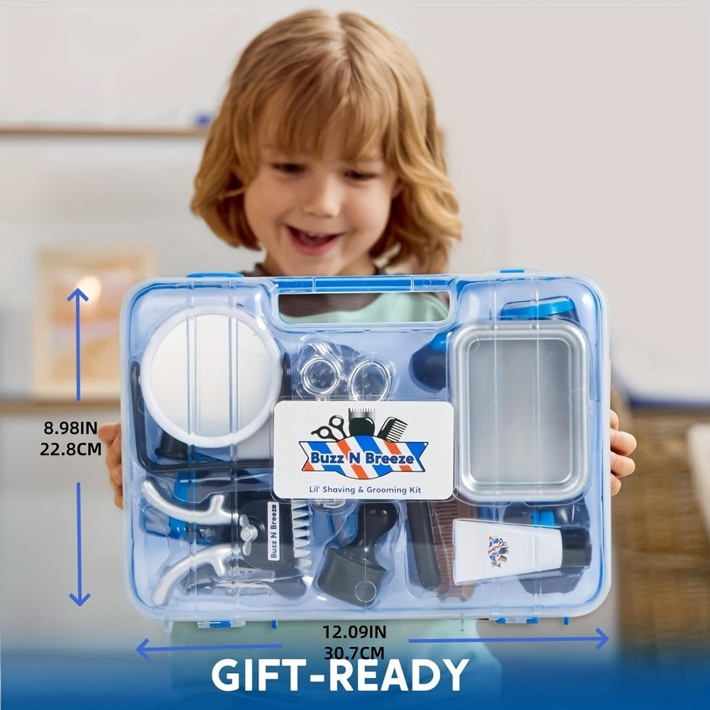 Kids Barbershop Pretend Play Kit 23pcs with Storage Box – Realistic Barber Role Play Toys with Shaver Scissors Hairdryer Comb – Educational Gift for Boys Girls Ages 3 4 5 6+