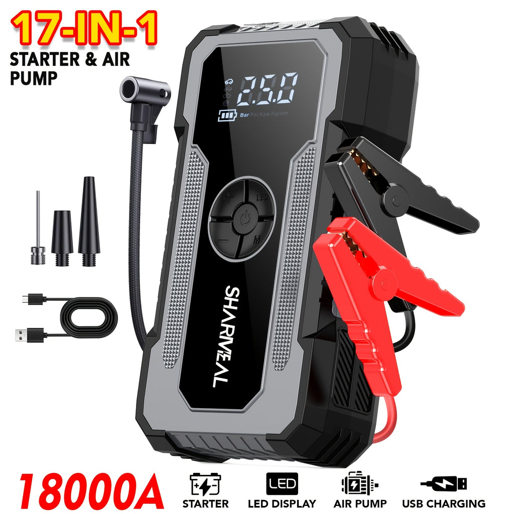 SHARMEAL 16000/20000A 17-in-1 Portable Jump Starter With Air Compressor, Jump Starter For Car, Multi-Function Power Pack With Tire Inflator, LED Light & Power Bank, For 12V Vehicles (All Gas & Diesel Engines), Cars, Trucks, SUVs, RVs & Motorcycles