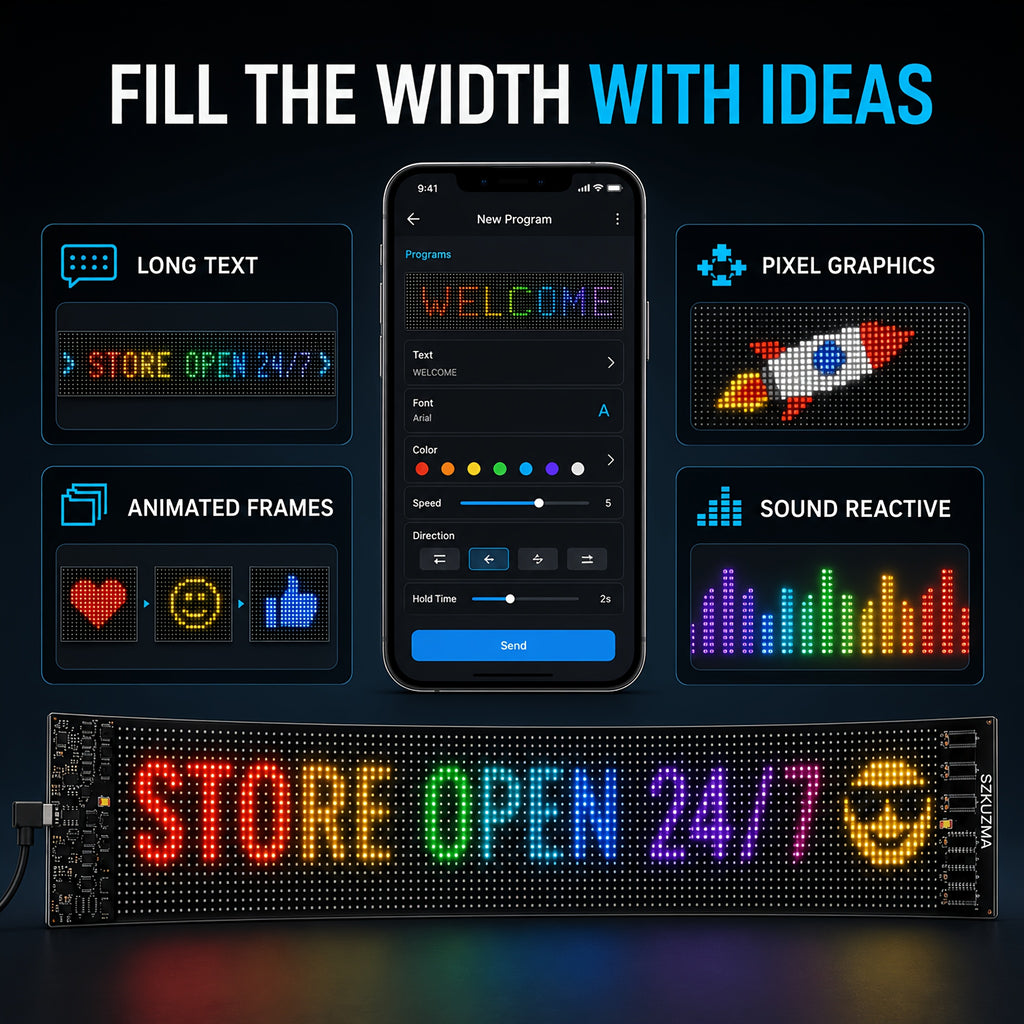 Programmable LED Signs, Flexible And Flexible LED Display, Mobile App Programming Text, Adjustable Screen Brightness, USB Power Supply, With Remote Control, Suitable For Store Signboards, Cars, Concerts, Holiday Party Decorations And Gifts