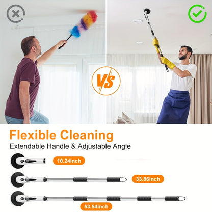 Electric Spin Scrubber Cordless IPX8 Waterproof 9 Replaceable Brush Heads 4 Adjustable Extension Handles LED Display 2-Speed 90-Min Battery for Bathroom Kitchen Tile Floor Tub Grout Cleaning White
