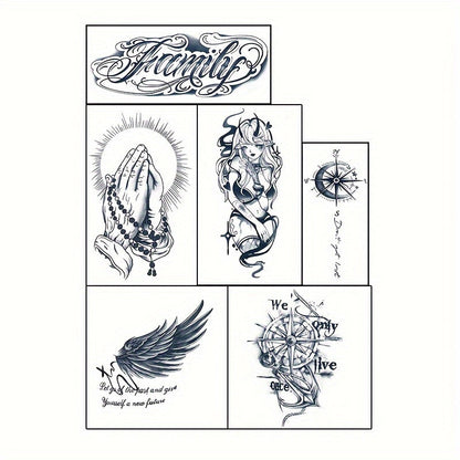Semi-Permanent Tattoo Stickers 6 Large Sheets Lasts 7-15 Days | Herbal Plant-Based Formula Waterproof Friction-Resistant | Realistic Compass Wings Anchor Body Art | Pain-Free Fake Tattoo for Men Women