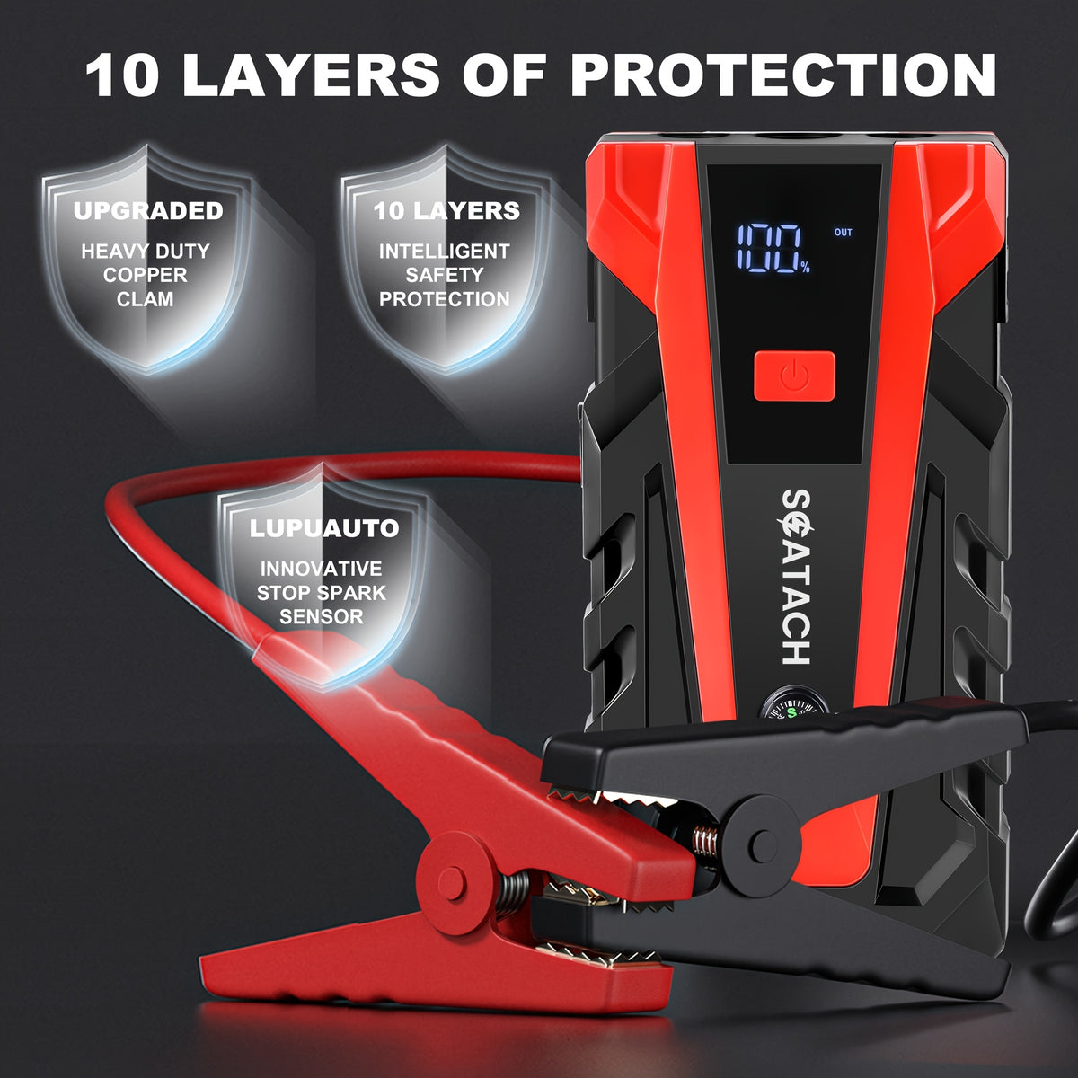The Car Emergency Starter Power Supply Comes with A Digital Tire Pressure Gauge And Air Pump, A Window Breaker Hammer, And Is Suitable for 12V Cars, Trucks, SUV, Rvs, And Motorcycles. It Features A Multi-Functional Portable LED Display, SOS