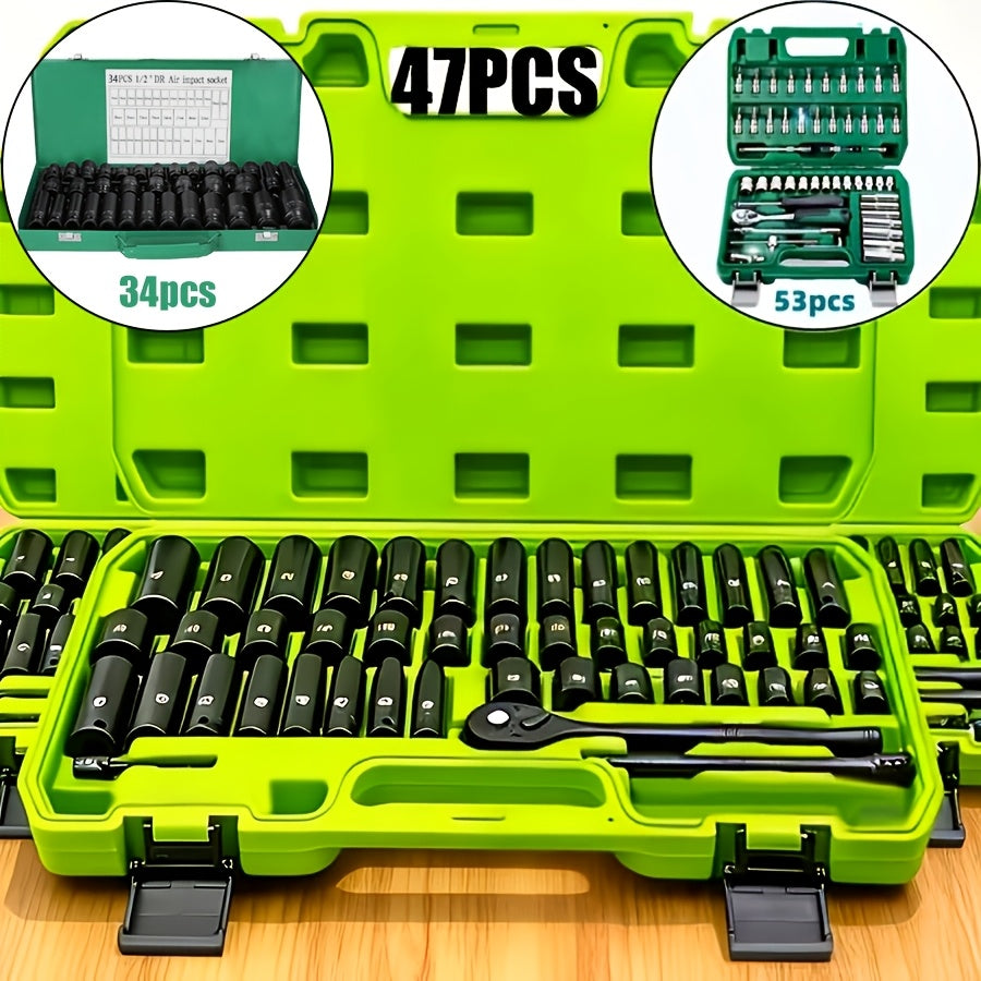 34pcs Impact Socket Set with 1/2" Drive Or 53pcs Tool Set Or 47pcs Impact Socket Set with 3/8" Drive, SAE (5/16" to 3/4") And Metric (8 to 22mm) Sizes, 6-point Design, Including Ratchet Handle, Extension Rod And Connector, Cr-V
