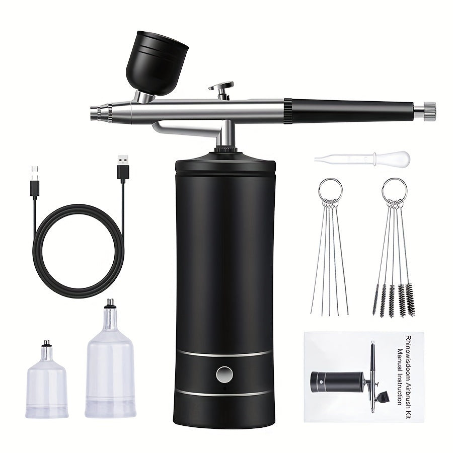 Airbrush Kit with Compressor USB Rechargeable 23-27PSI 0.3mm Nozzle 2-Speed - Portable Cordless Airbrush Set with 2 Paint Pots & Brush - for Makeup Nail Art Cake Decorating Crafts Tattoos