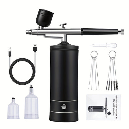 Airbrush Kit with Compressor USB Rechargeable 23-27PSI 0.3mm Nozzle 2-Speed - Portable Cordless Airbrush Set with 2 Paint Pots & Brush - for Makeup Nail Art Cake Decorating Crafts Tattoos