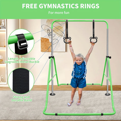 Adjustable Gymnastics Pull-Up Bar for Kids & Teenagers – Height Adjustable Horizontal Bar for Indoor Outdoor Home Use, Strength Training & Fitness Exercise Equipment, Green & Yellow