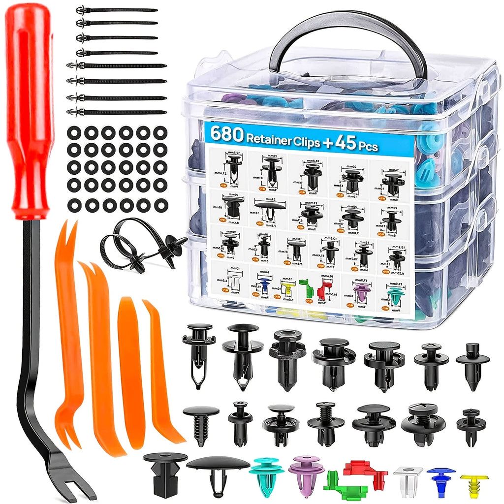 725pcs Automotive Push Pins & Bumper Clips Kit, Retainer Clips, Fender Fasteners, Door Panel And Trunk Trim Rivets With Removal Tool And Cable Ties, Compatible With for TOYOTA, for Honda, for Ford, for Chevrolet And for NISSAN, Fits Most Cars