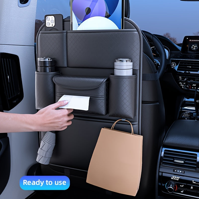 Ling Grid Backrest Storage Bag: Large Capacity, PU Leather, Car Seat Organizer