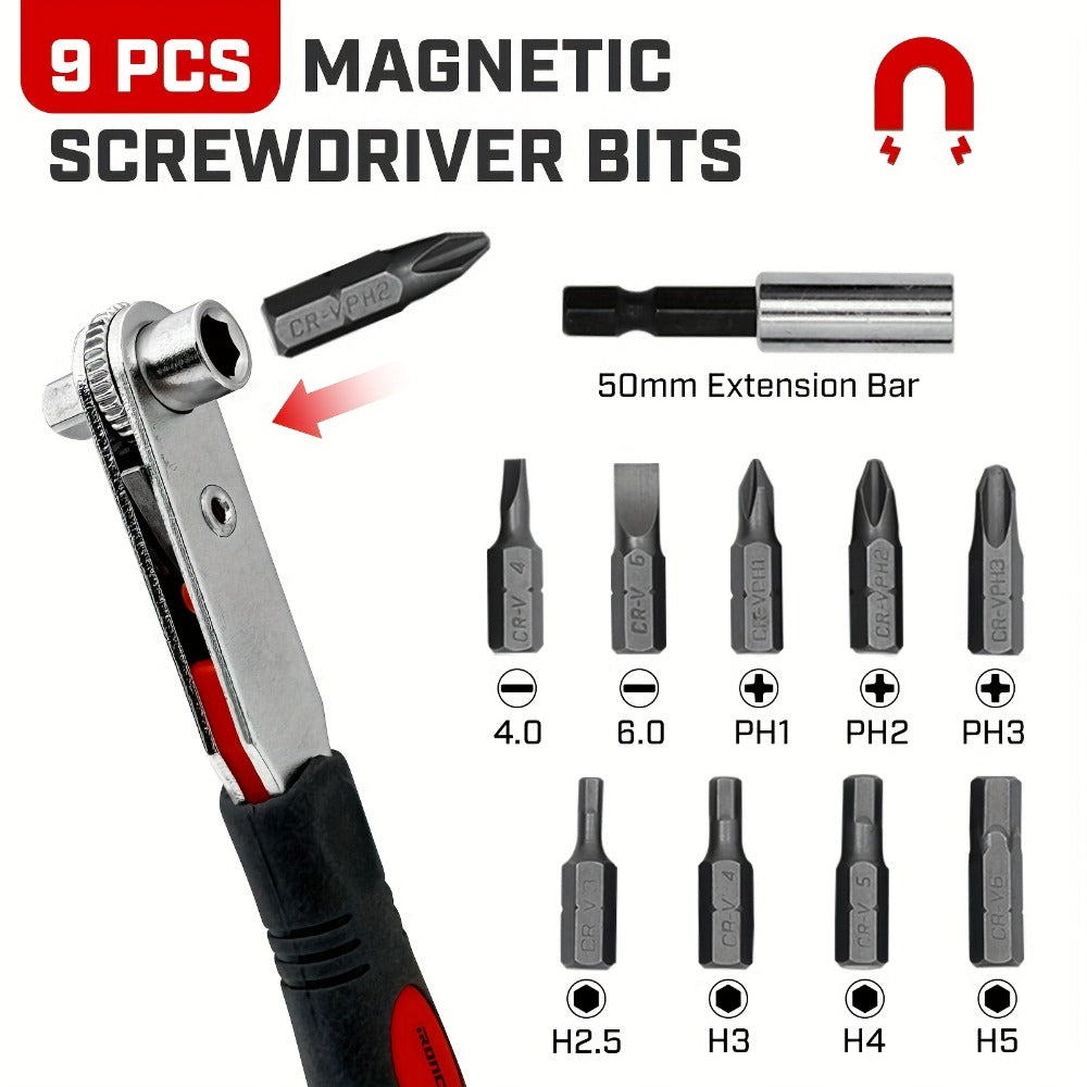 Ratchet Angle Screwdriver Set 10-in-1 & 16-in-1 – Magnetic Multi-Bit Right Angle Screwdriver for Tight Spaces, DIY, Bike Repair & Home Maintenance, Compact Flexible Tool Kit