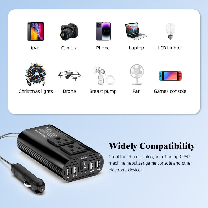 Halloween & Christmas Outdoor Portable Car Power Inverter Charger Converter 500W (Peak) Power Inverter Converts DC 12V to AC 110V with 4 USB Ports for Car Adapter Fast Charging for Cell Phones And Other Devices