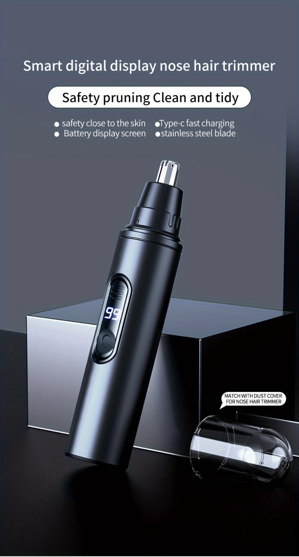 Nose Hair Trimmer Electric Painless 3-in-1 USB Rechargeable with LED Display – Trims Nose Ear Hair Eyebrows Waterproof Grooming Device for Men Women