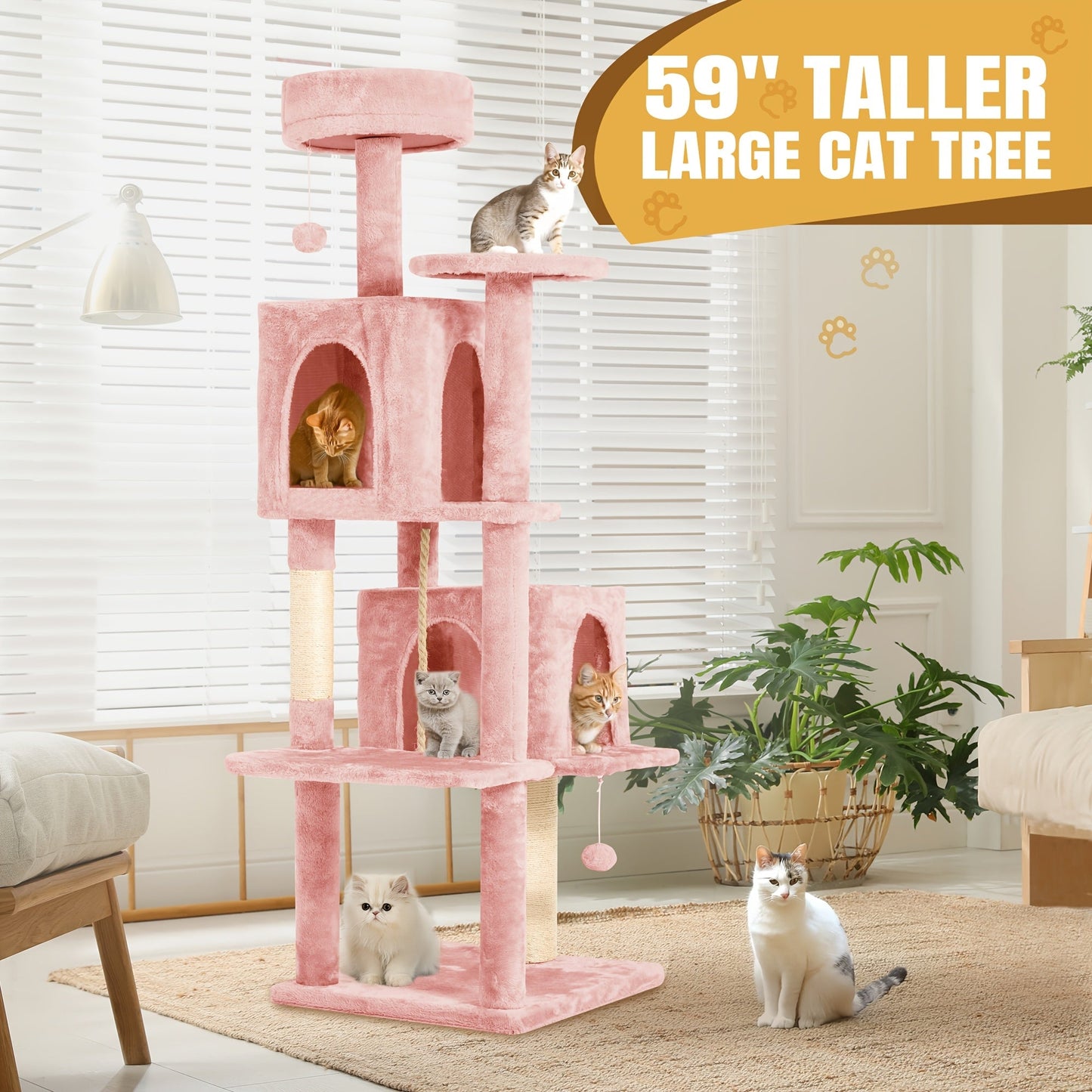 Cat Tree Tower 59 Inch Large Multi-Level Cat Tower for Indoor Cats with Plush Resting Area, Sisal Scratching Post & Hanging Ball Toy – Tall Cat Furniture for Bedroom Living Room, Multiple Colors
