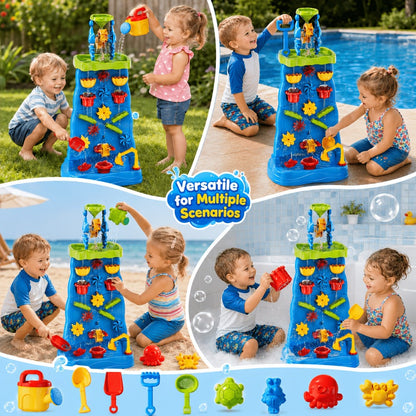 Water Play Table for Kids Double-Sided Waterfall & Beach Sand Zone – Outdoor Sensory Activity Toy for Toddlers Ages 3+, Beach Tools Included, Backyard Summer STEM Gift for Boys & Girls