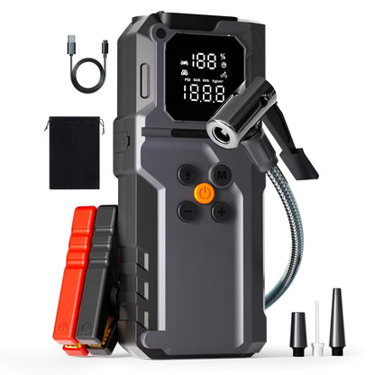 Heavy Duty Jump Starter 14.0L Gas & 12.0L Diesel – Digital Tire Pressure Gauge, Air Pump, Window Breaker & SOS LED Display for Cars Trucks SUVs RVs Motorcycles