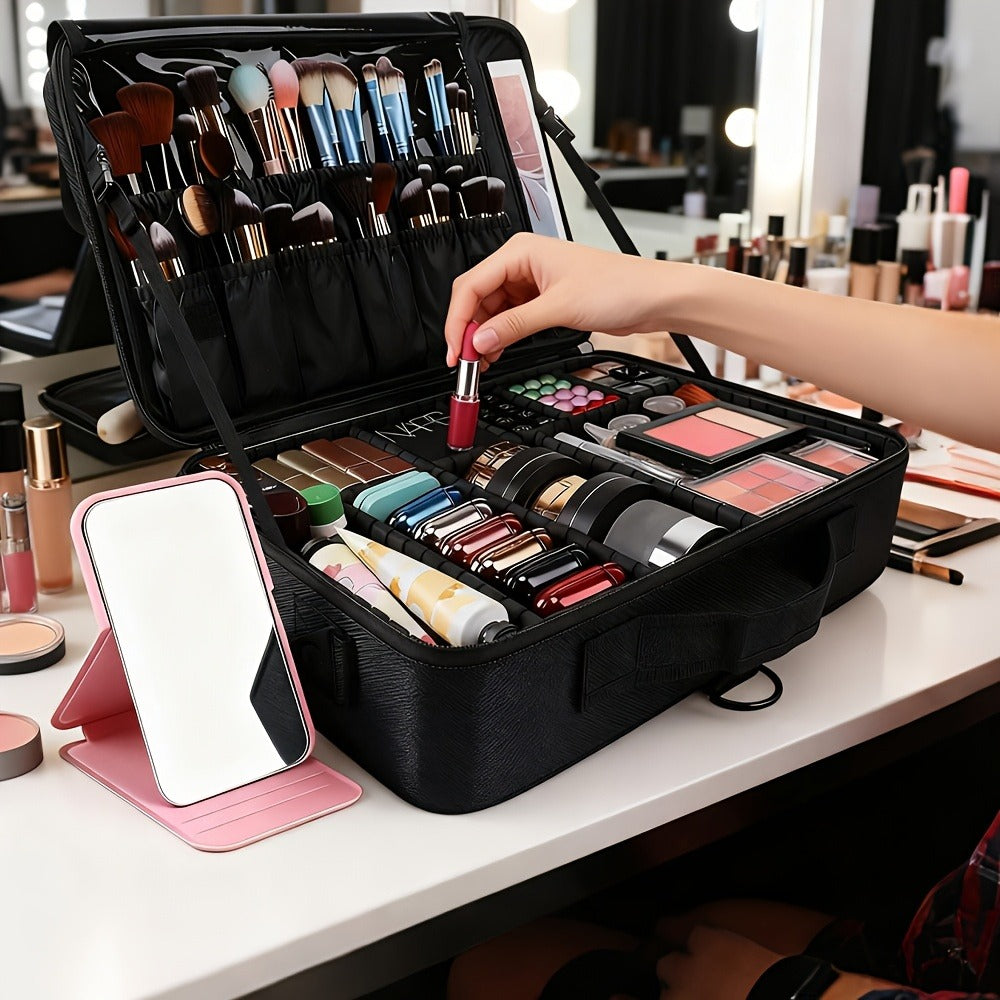Professional Makeup Train Case 3-Layer 15.8 Inch Large Cosmetic Organizer with Adjustable Dividers Brush Holder Shoulder Strap for Makeup Artist Travel Studio Black
