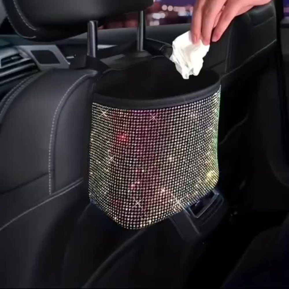 Bling Rhinestone Car Trash Can with Trash Bag – Sparkling Crystal Hanging Seat Back Bin, Space-Saving Car Interior Organizer for Women & Girls