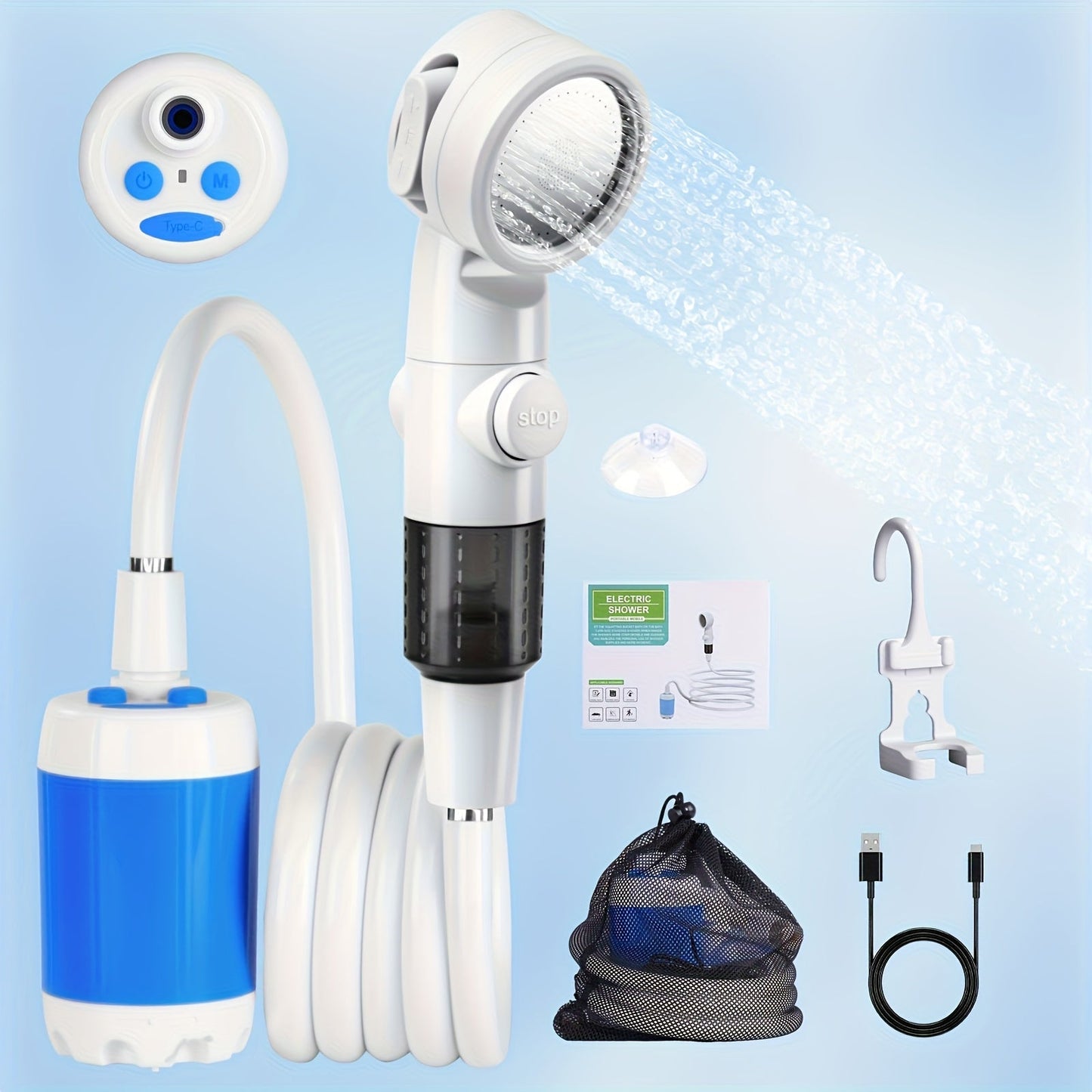 Rechargeable Electric Camping Shower Pump - Portable Outdoor Shower for Hiking, Climbing, Beach & Backpacking, USB Rechargeable Submersible Water Pump for Car Washing, Pet Bathing, Crop Watering & Garden Irrigation