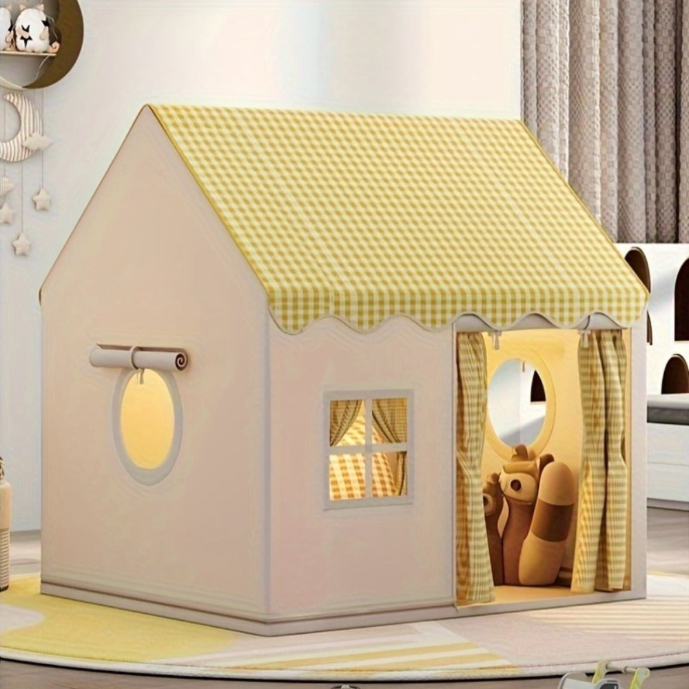 Kids Cabin Style Checked Play Tent – Indoor & Outdoor Polyester Playhouse Tent for Home Decor & Family Fun | Pink, Khaki, Yellow | Holiday Gift & Party Decoration