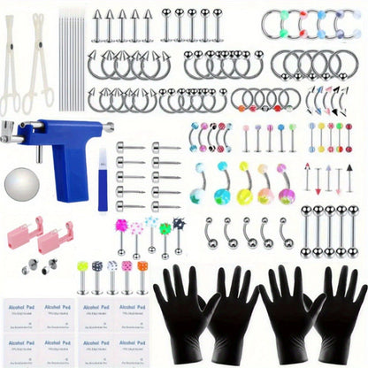 160pcs Body Piercing Kit with Piercing Gun – Professional Jewelry Set for Ear, Nose, Lip & Belly with Stainless Steel & Acrylic Studs, Rings & DIY Piercing Tools