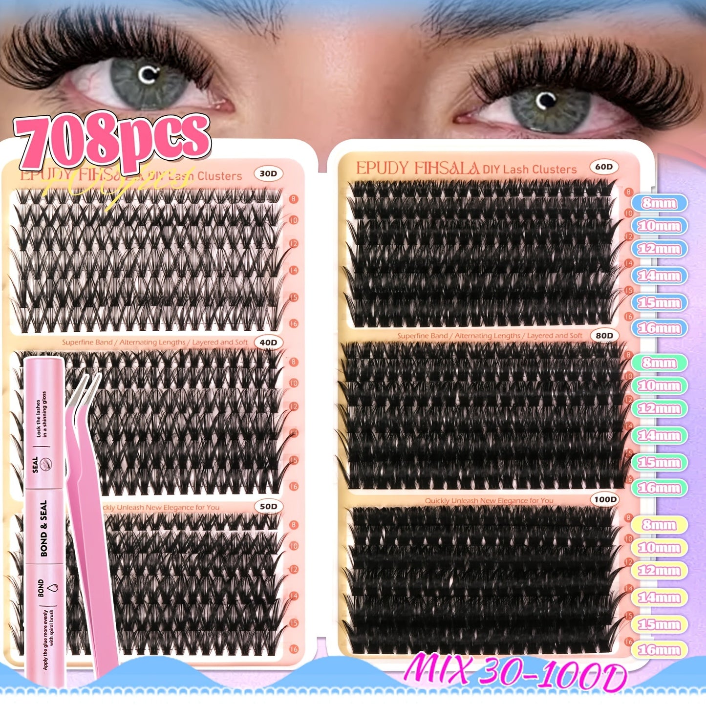 DIY Lash Clusters Gift Set 30D-100D Mixed Length Soft Fluffy Volume Cluster Lashes with Tweezers & Mascara Wands – Natural to Glam Look, Perfect Beauty Gift for Her & Mom
