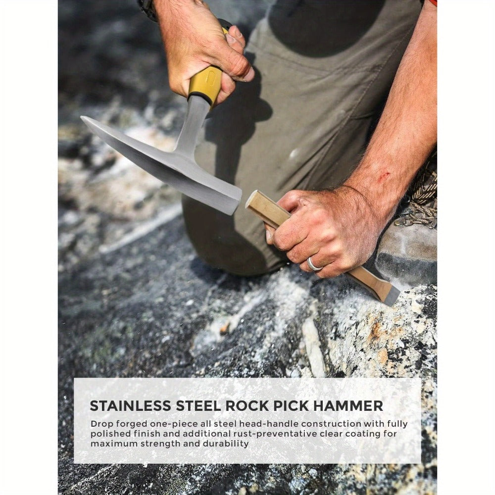 Geology Rock Pick Hammer Kit 15-Piece – 32oz Rock Hammer, 3 Digging Chisels, Shovel, Compass, Whistle & Musette Bag for Rock Hounding, Fossil Hunting & Gold Prospecting