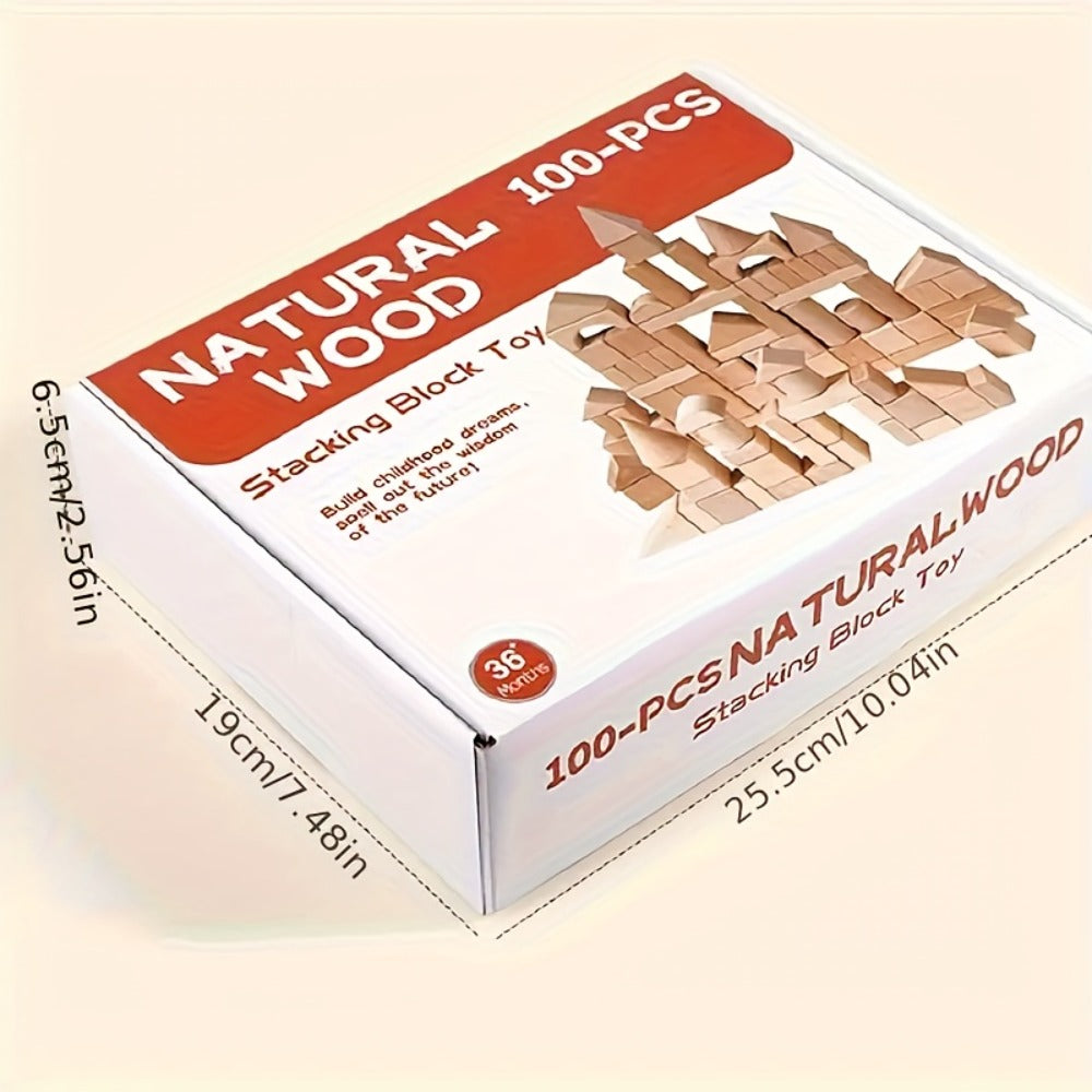 Natural Beech Wood Blocks 100 Piece Unpainted Solid Wooden Building Set – STEM Logical Thinking Toy for Kids Ages 3-12, Castle Stacking Sorting Educational Gift for Boys & Girls