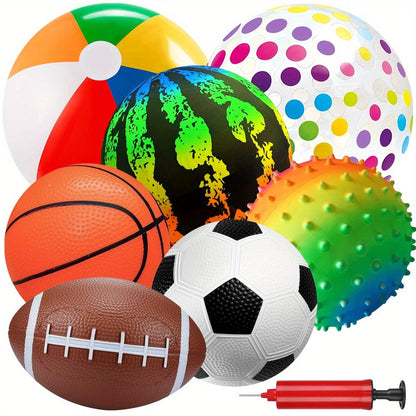 Kids Playground Ball Set 7-Pack with Air Pump – 10.6 Inch Outdoor Ball Plus 6-Inch Basketball Football Rugby, Active Play Toy for Home Yard Pool Classroom Park, Birthday Party Gift for Children Ages 4+