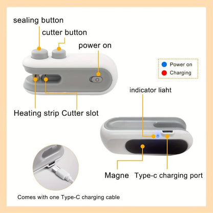 Bag Sealer Handheld Heat Sealer 3-Pack – USB-C Rechargeable 2-in-1 Magnetic Food Sealer with Cutter, Snack Bag Resealer for Plastic Bags, Kitchen Food Freshness, Home & Outdoor Use