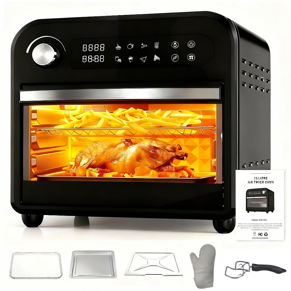 Air Fryer Toaster Oven Combo 15QT Extra Large, 360° Convection, LED Digital Display, Precise Temperature Control – Stainless Steel Interior, 5 Accessories, Healthy Low-Oil Cooking for Family Kitchen