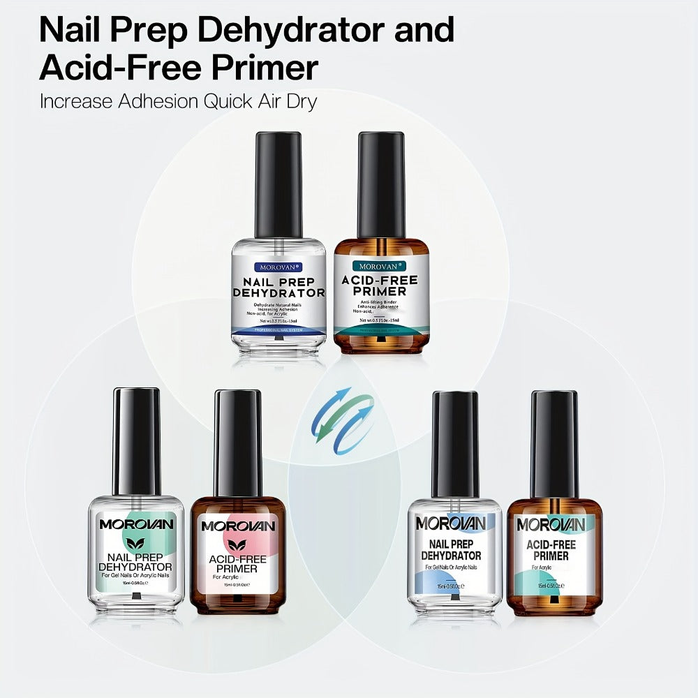 Acid-Free Nail Dehydrator & Primer Set Professional Bonding Kit for Acrylic Gel Polish Fast Dry Non-Acid Base with Nail File Brush Salon DIY Nail Prep Gift Box for Nail Technicians