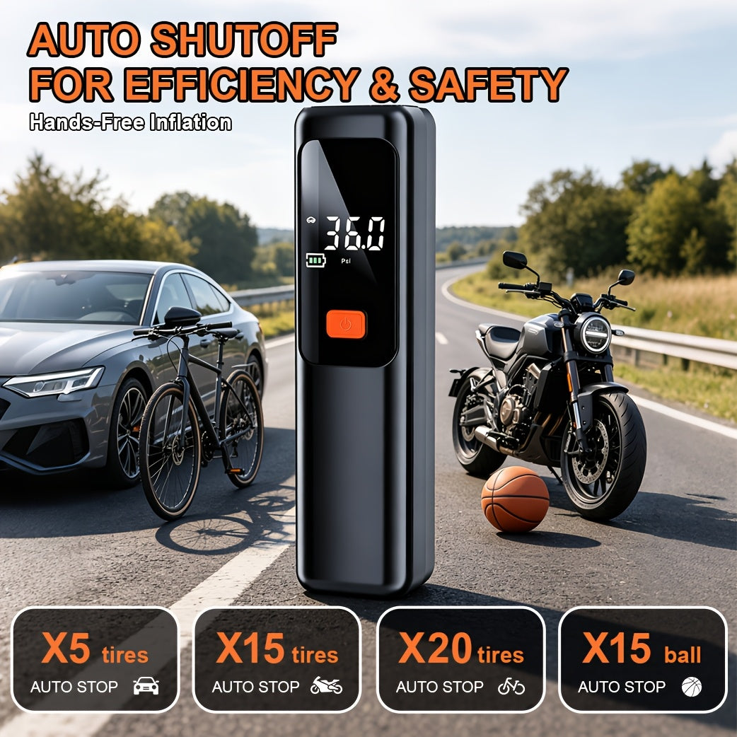 Electric Tire Inflator Portable Air Pump with Digital Pressure Display – Wireless Cordless Design, High-Power Fast Inflation, Auto Preset PSI, Multiple Nozzles for Car, Motorcycle, Bicycle, Basketball, Football & Volleyball