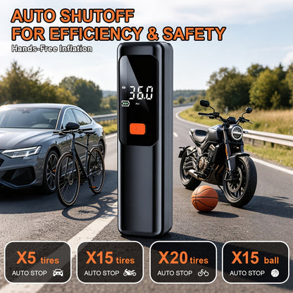 Electric Tire Inflator Portable Air Pump with Digital Pressure Display – Wireless Cordless Design, High-Power Fast Inflation, Auto Preset PSI, Multiple Nozzles for Car, Motorcycle, Bicycle, Basketball, Football & Volleyball