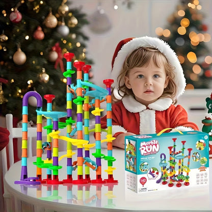 Marble Run Set Building Blocks for Kids 112/147pcs with Glass Marbles – STEM Marble Race Track Construction Toy Logic Hand-Eye Coordination Learning Game, Best Birthday Gift for Boys & Girls Ages 4+