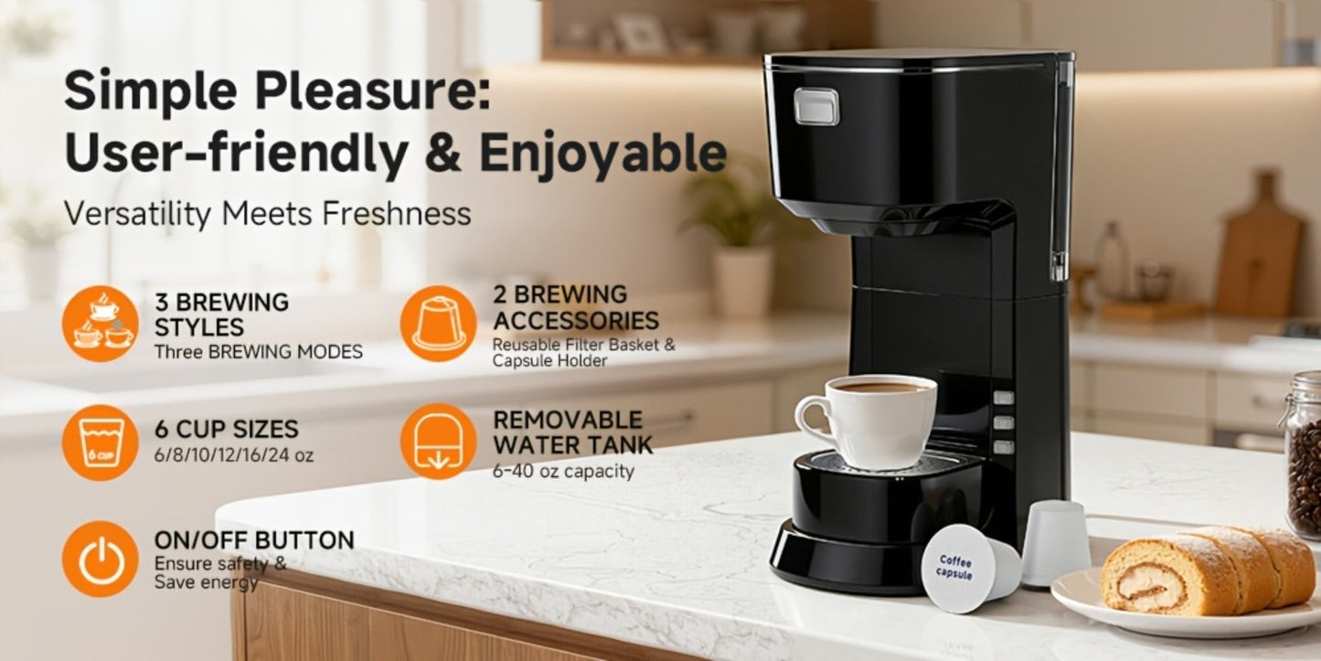Coffee Maker One-Button Compact Specialty Coffee Machine – Fast Home Brewing, Space-Saving Countertop Design, Barista-Style Results, Available in Black & White